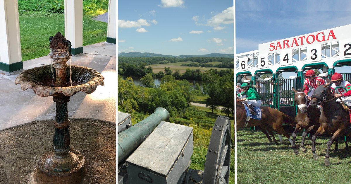mineral spring, cannon in historical park, and horses racing at saratoga