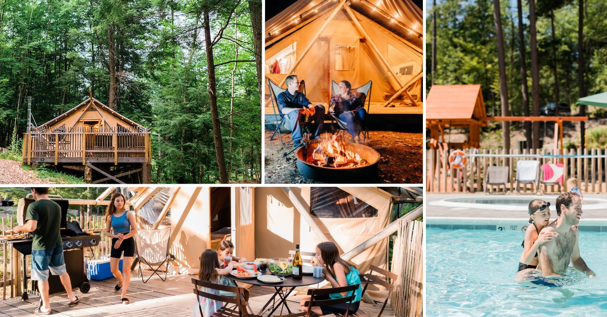 collage of huttopia adirondacks with cabins, people cooking, eating, swimming