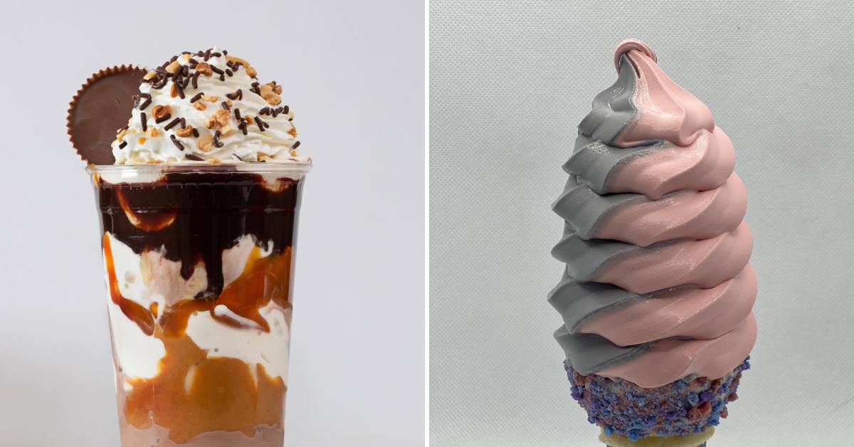 sundae on the left, silver and pink ice cream cone on the right