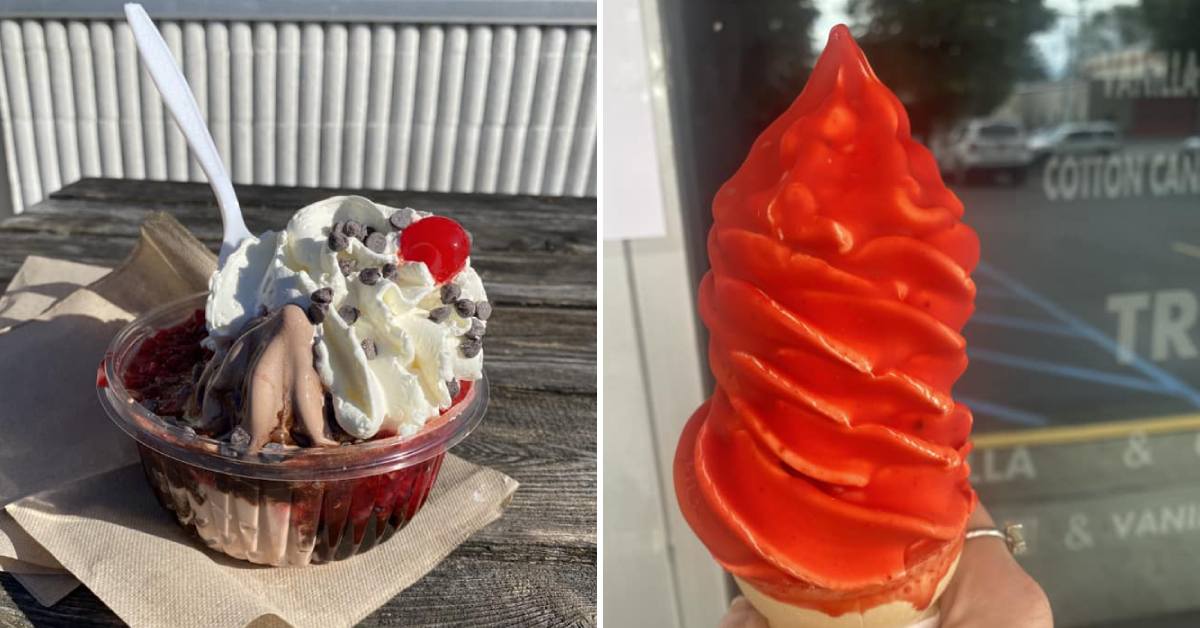 kurver ice cream in a dish on the left, bright orangey red in a cone on the right