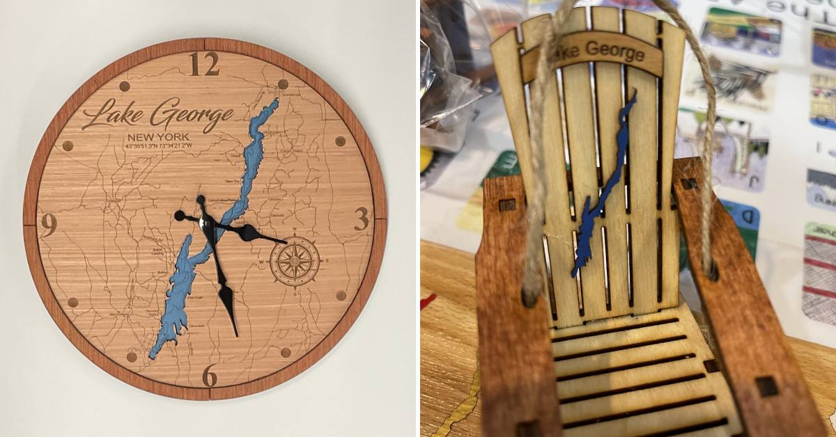 clock with shape of lake george on left, adirondack chair ornament with shape of lake george on it on the right