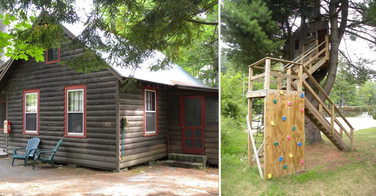 cabin on the left, treehouse with rock climbing wall on the right