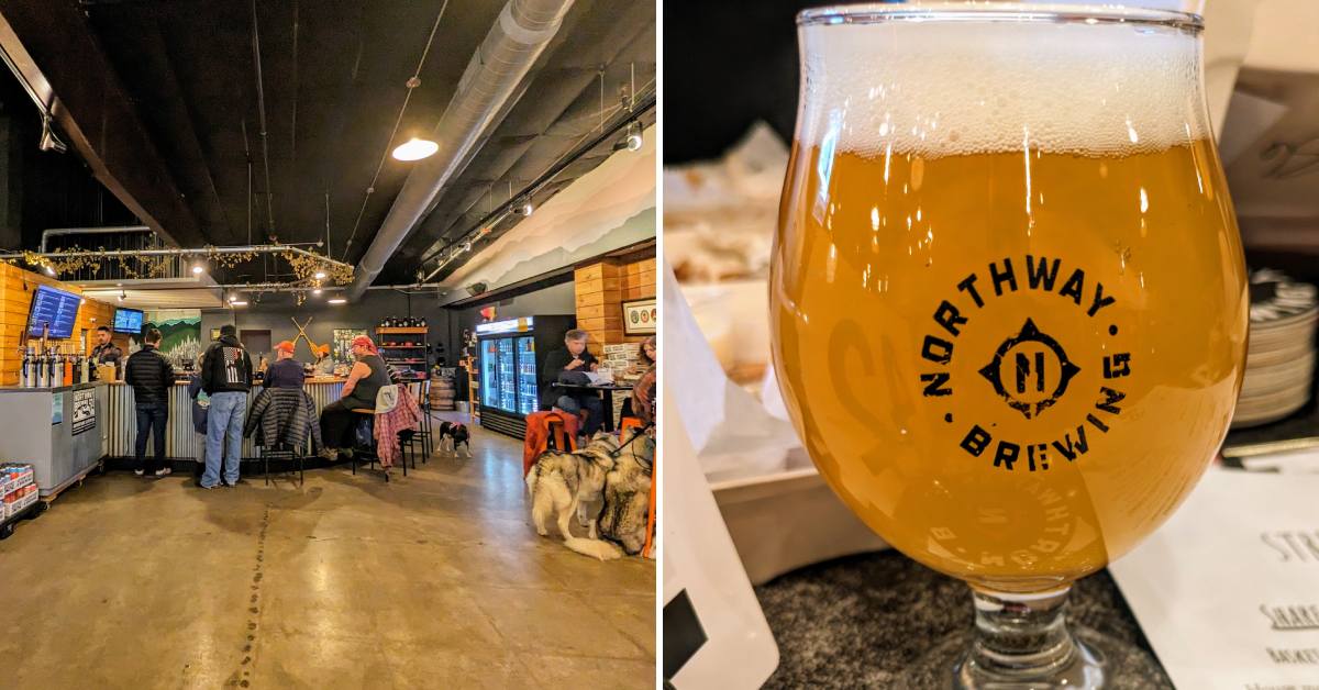 taproom on the left, northway brewing glass of beer on the right