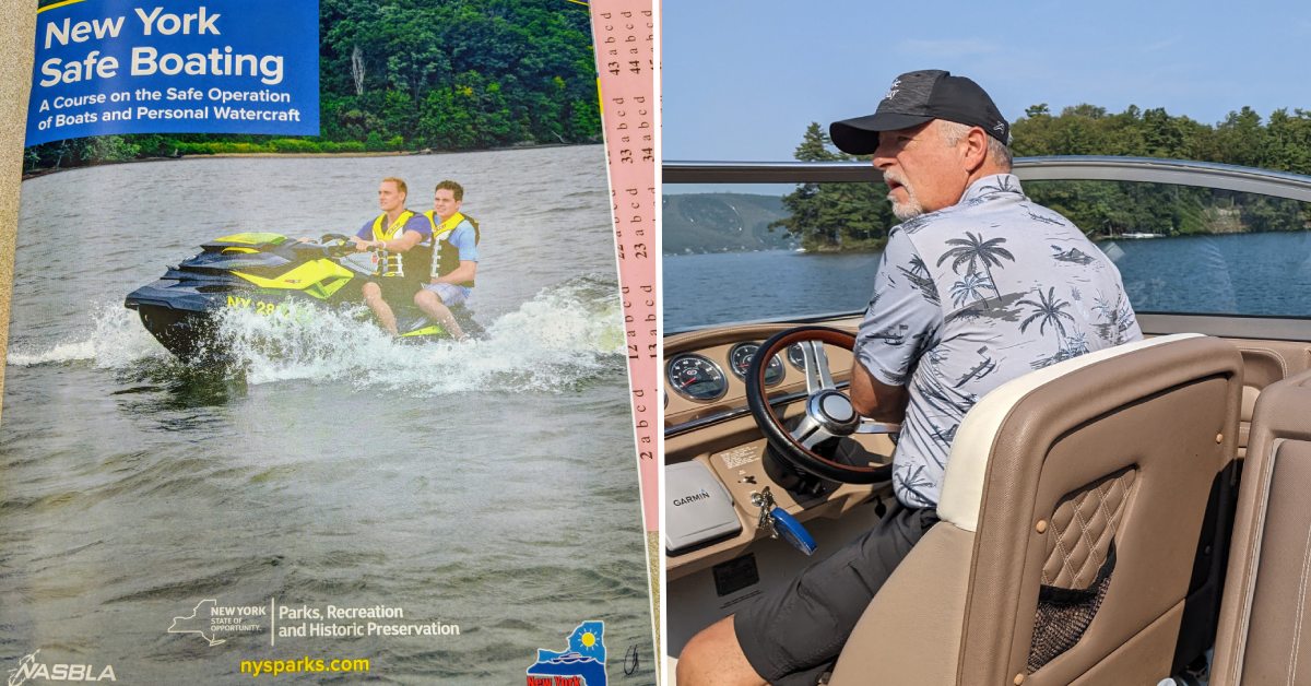 ny safe boating brochure on the left, man driving a boat on the right