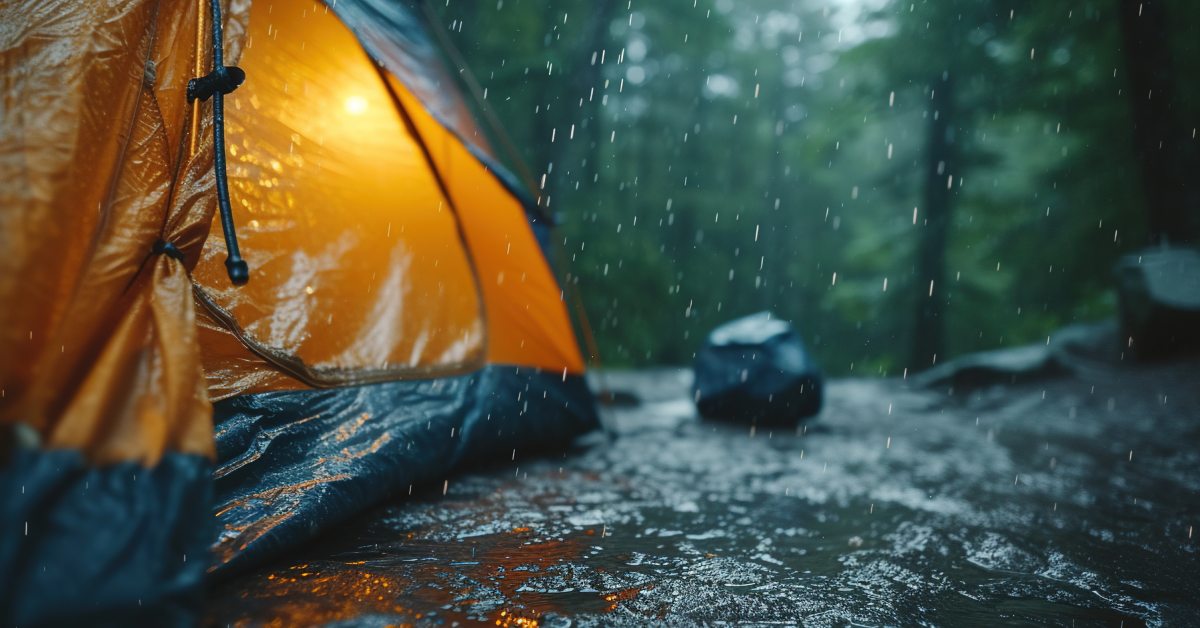 pouring rain near camping tent