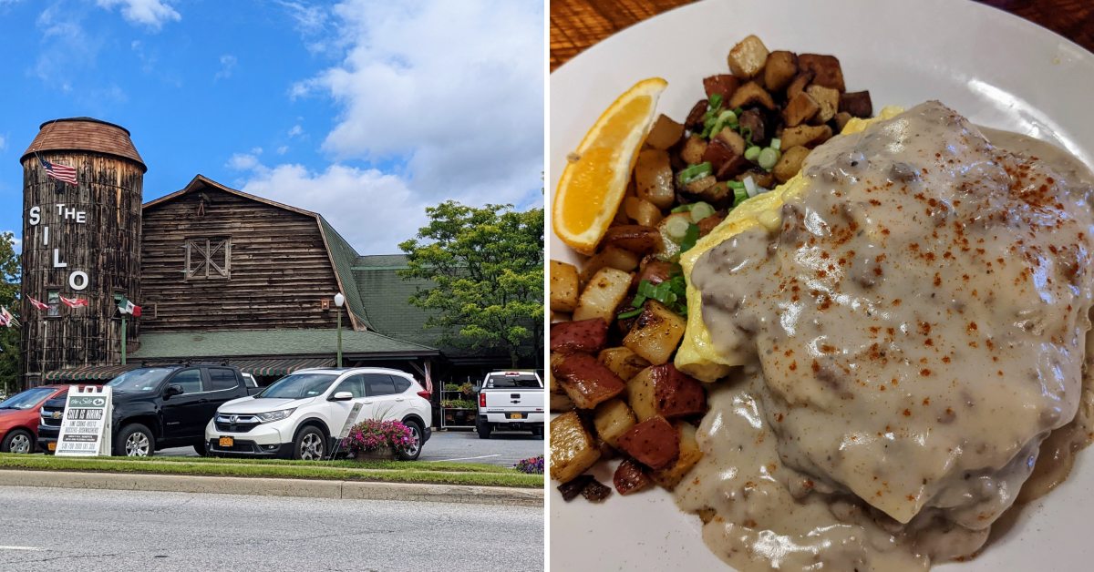 exterior of silo country store and restaurant on the left, country fried steak with home fries on the right