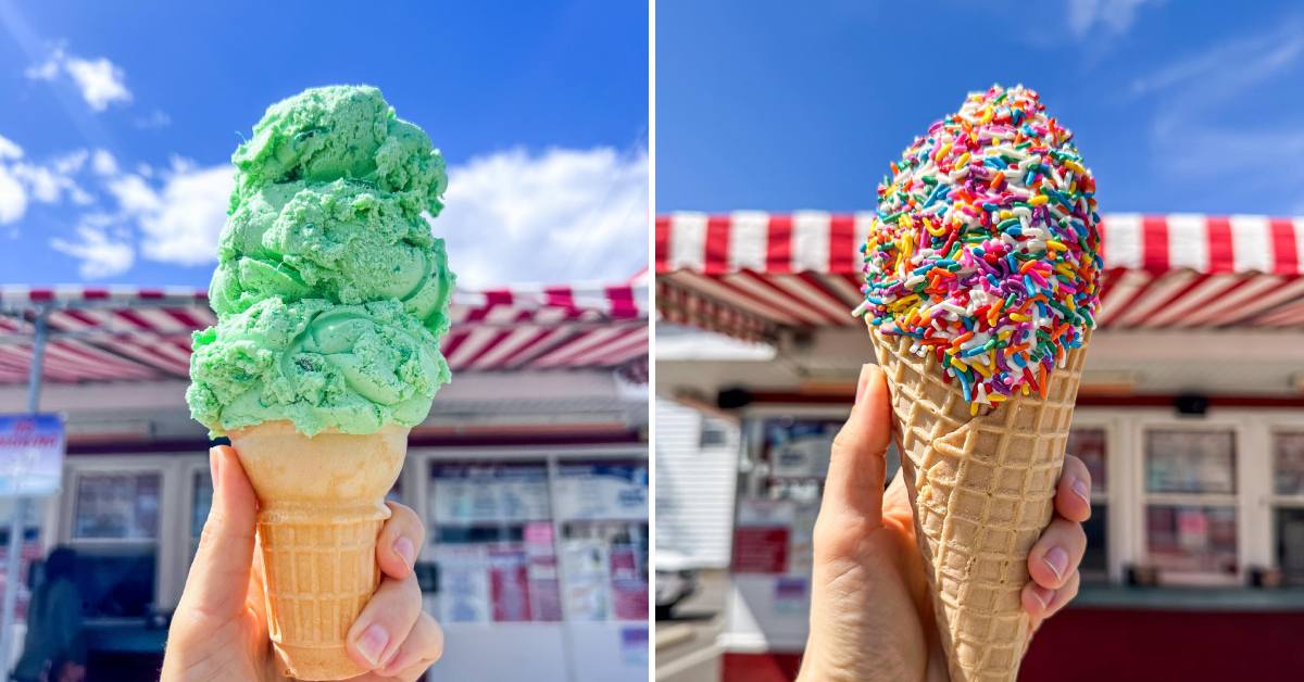 bright green ice cream in cone on the left, ice cream cone completely covered in rainbow sprinkles on the right