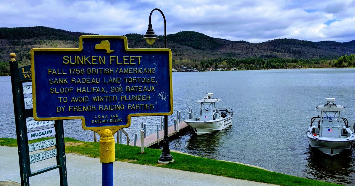 sunken fleet sign in lake george