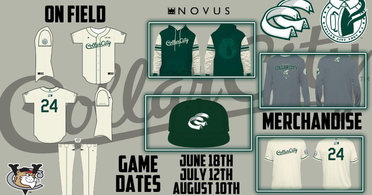 Graphic depicting the ValleyCat's new white and green jersey's, and white, green, and gray merchandise. 