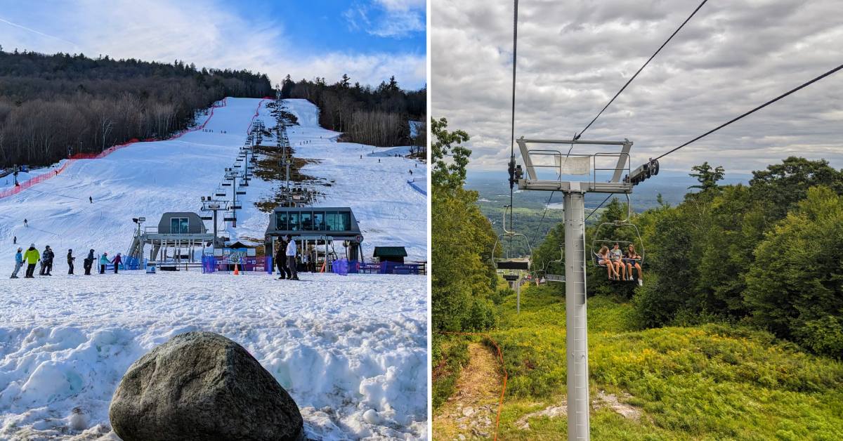 west mountain chair lift in the winter on the left, and in the summer on the right