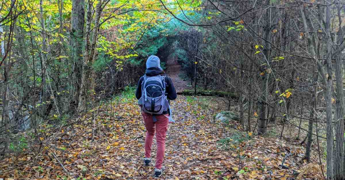 a person dressed for a hike on a trail