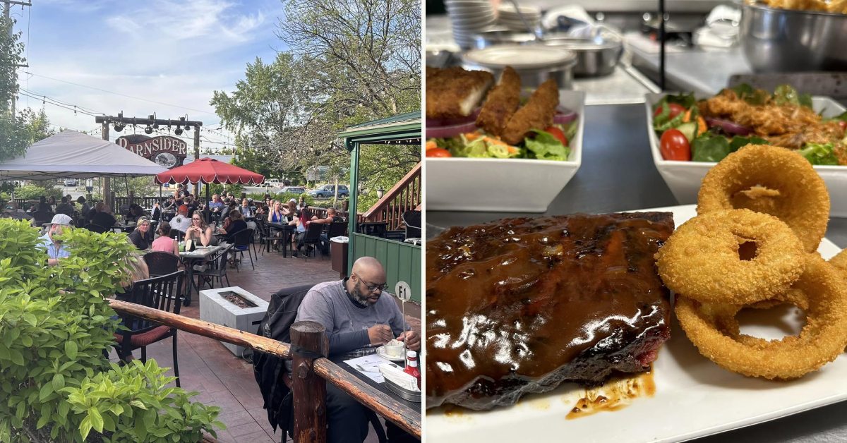 barnsider restaurant patio dining on the left, rack of ribs with onion rings and salads in the background on the right