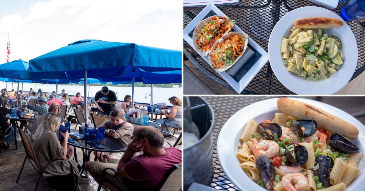 patio dining and food at the lake george beach club