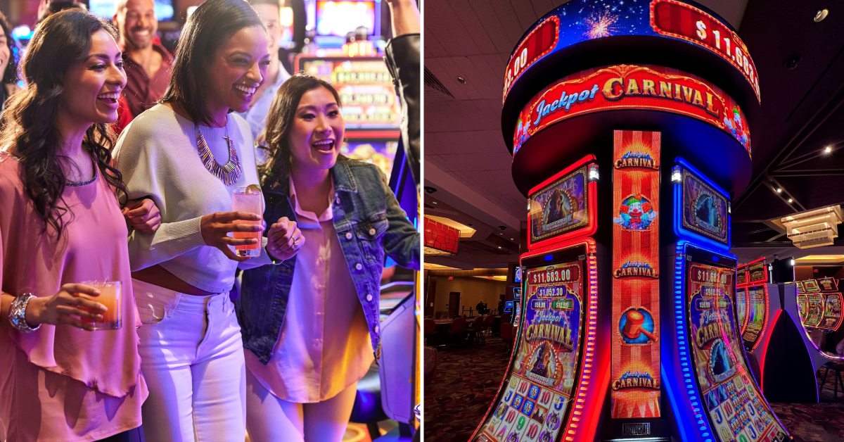 left image of three women at a casino; right image of a casino game