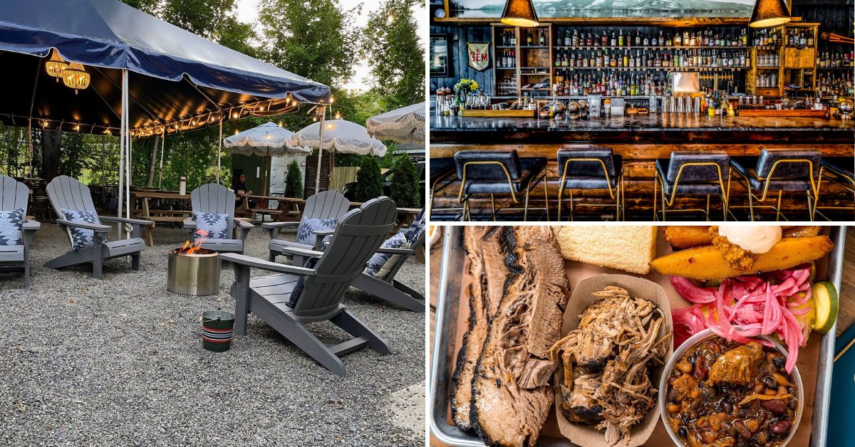 adirondack chairs around a fire pit on restaurant patio on the left, bar area and barbecue fare at the gem on the right