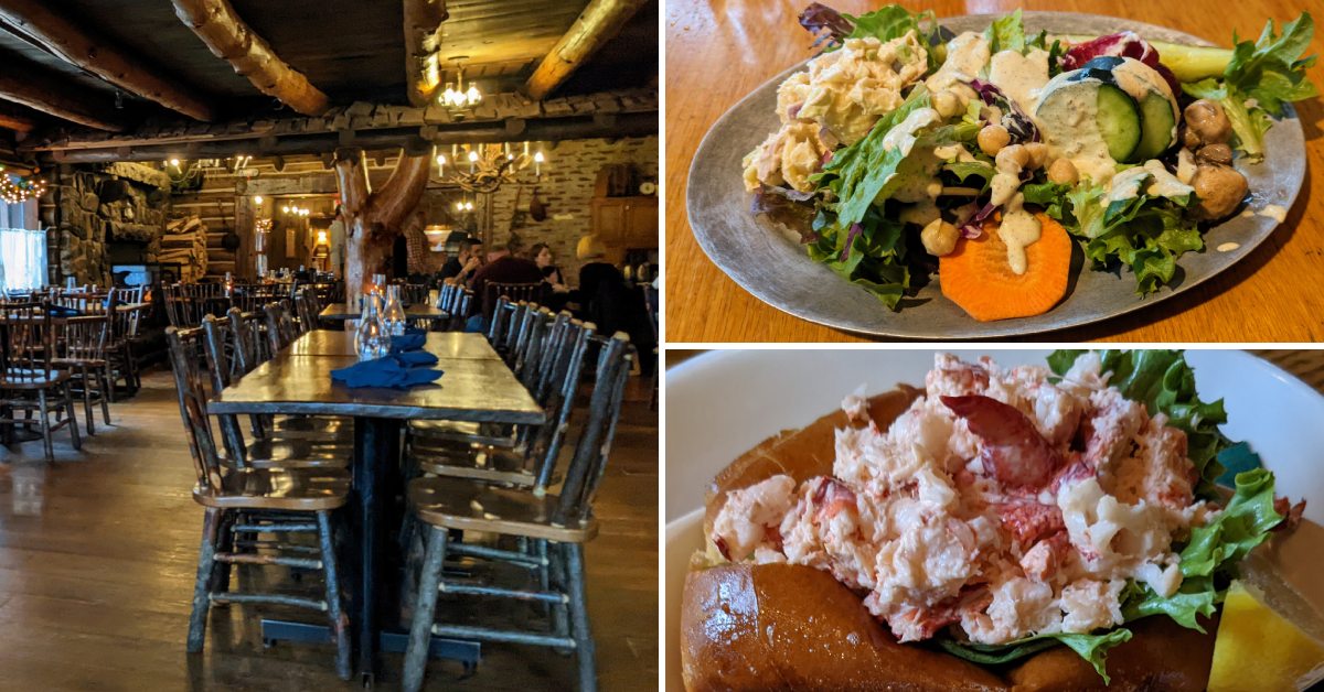 dining area on the left, salad from salad bar and lobster roll at the log jam on the right