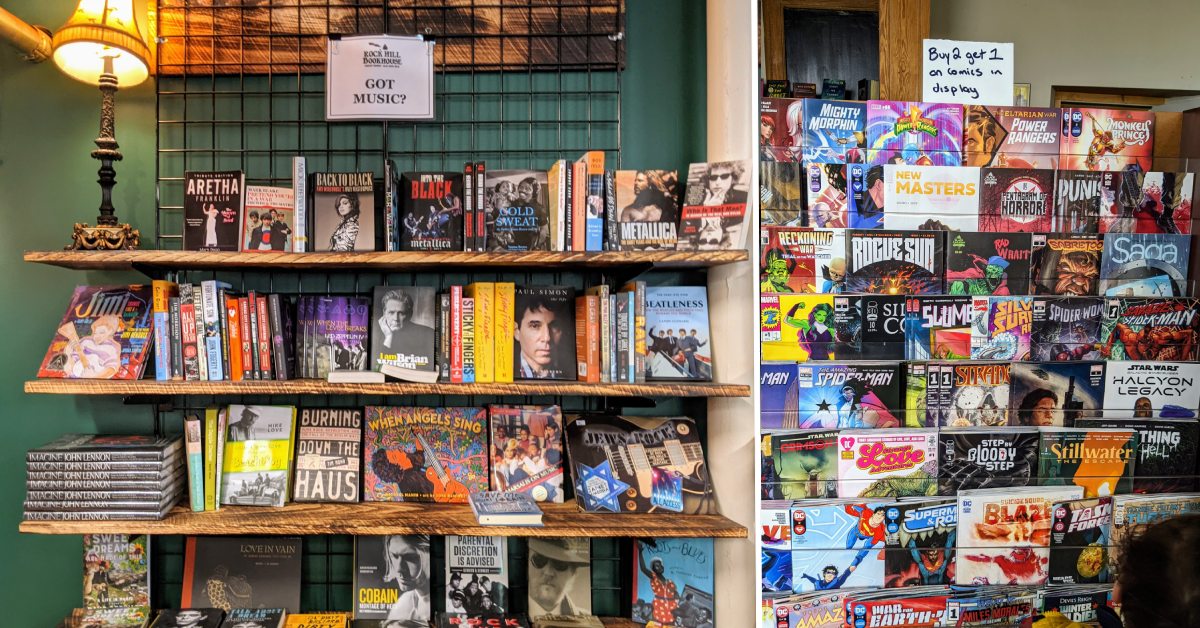 music books on the left, comics on the right at the shirt factory