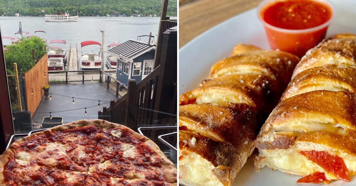 left image of pizza and view of a dock, right image of calzone