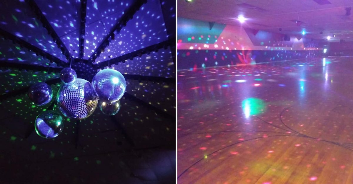 disco balls on the ceiling on the left, skating rink with lights on the right
