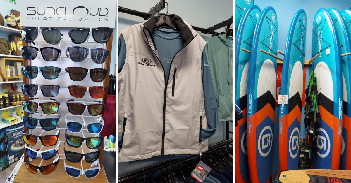 sunglasses, vest, and paddlboards at lakestyles