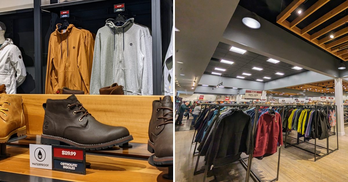 timberland store on left, ll bean on right, in lake george outlets