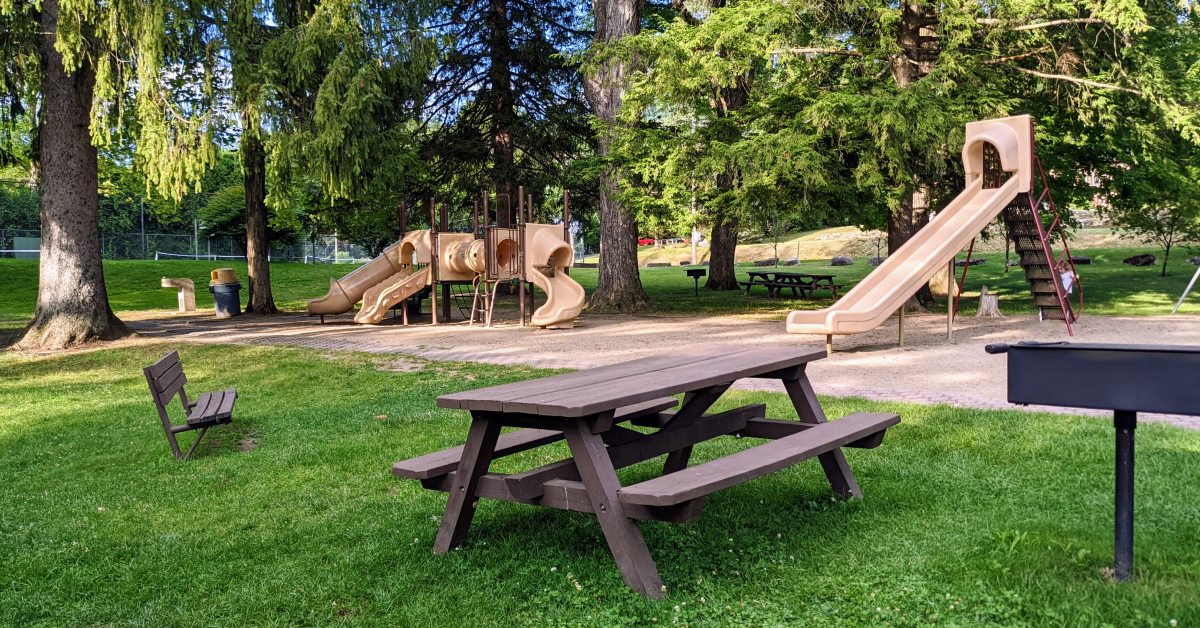 usher delong park with bench, grill, picnic table, playground