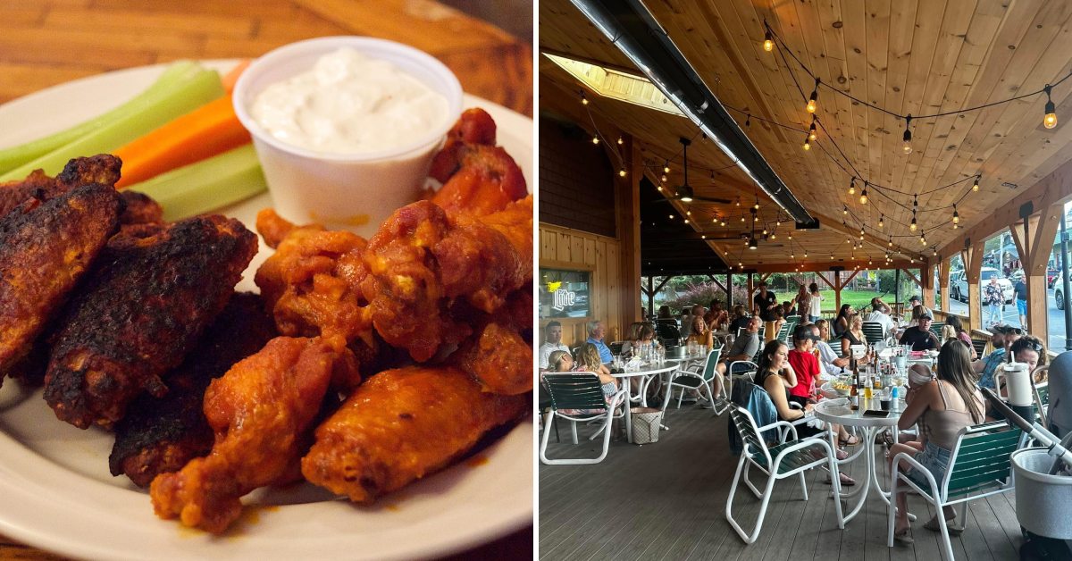 chicken wings with dipping sauce on the left, patio on the right at frederick's restaurant