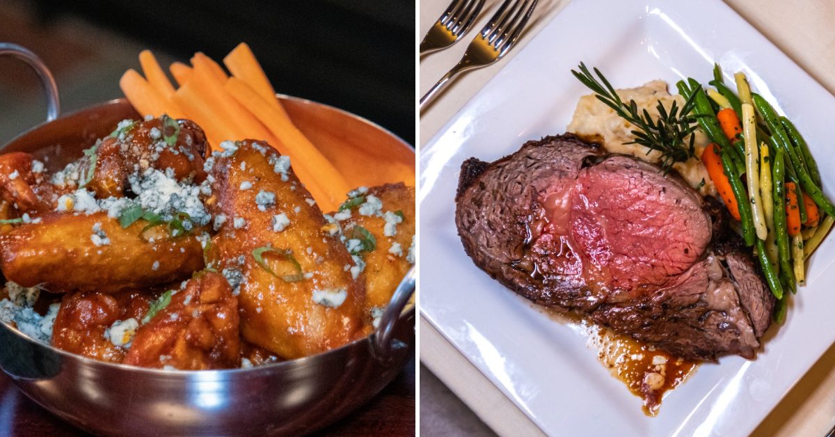 chicken wings on the left, steak with vegetables on the right