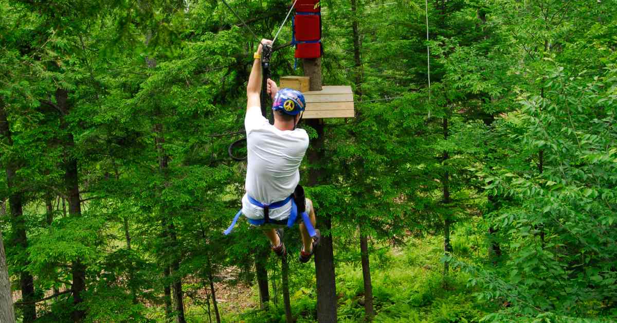 Back of a person going down a zipline