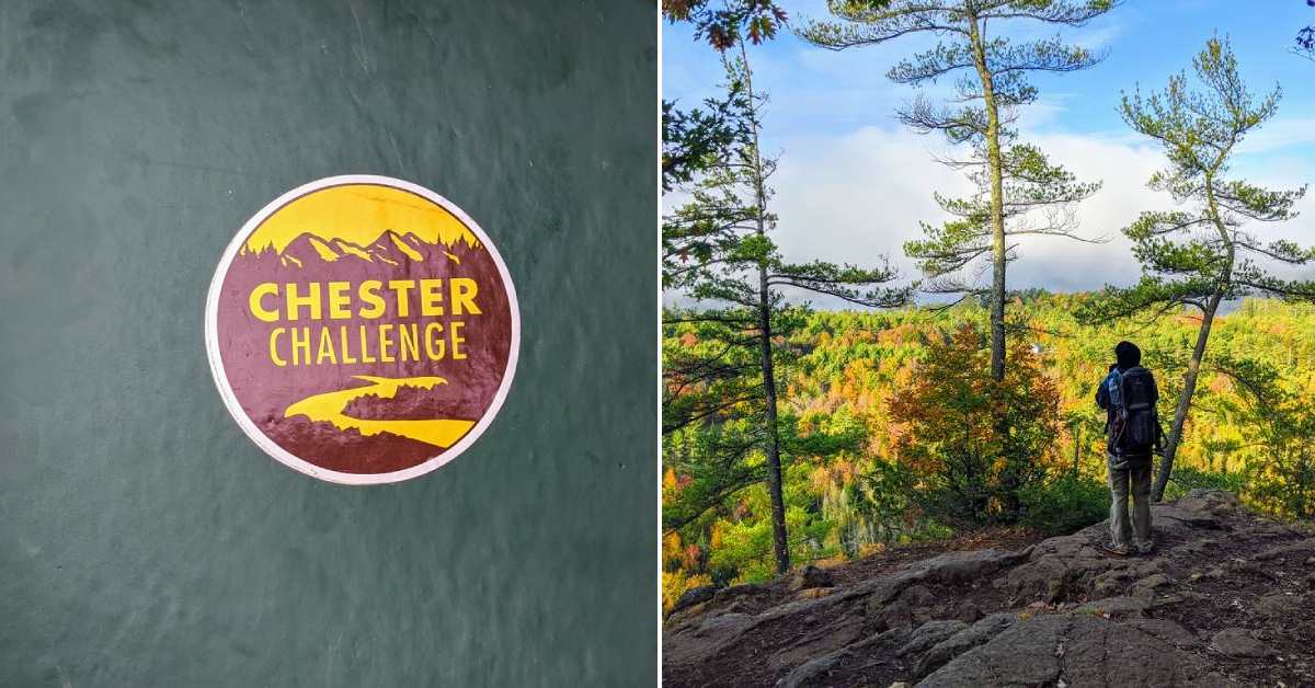 Chester challenge sticker next to a hiker on top of a mountain included in the Chester Challenge