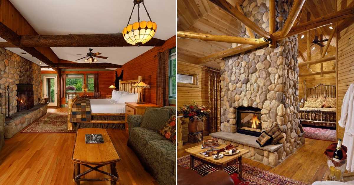 two side-by-side hotel rooms, one on the left is from Friends Lake Inn, one on the right is from The Fern Lodge