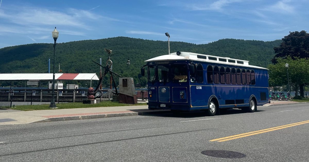 blue trolley in lake george by steamboat company