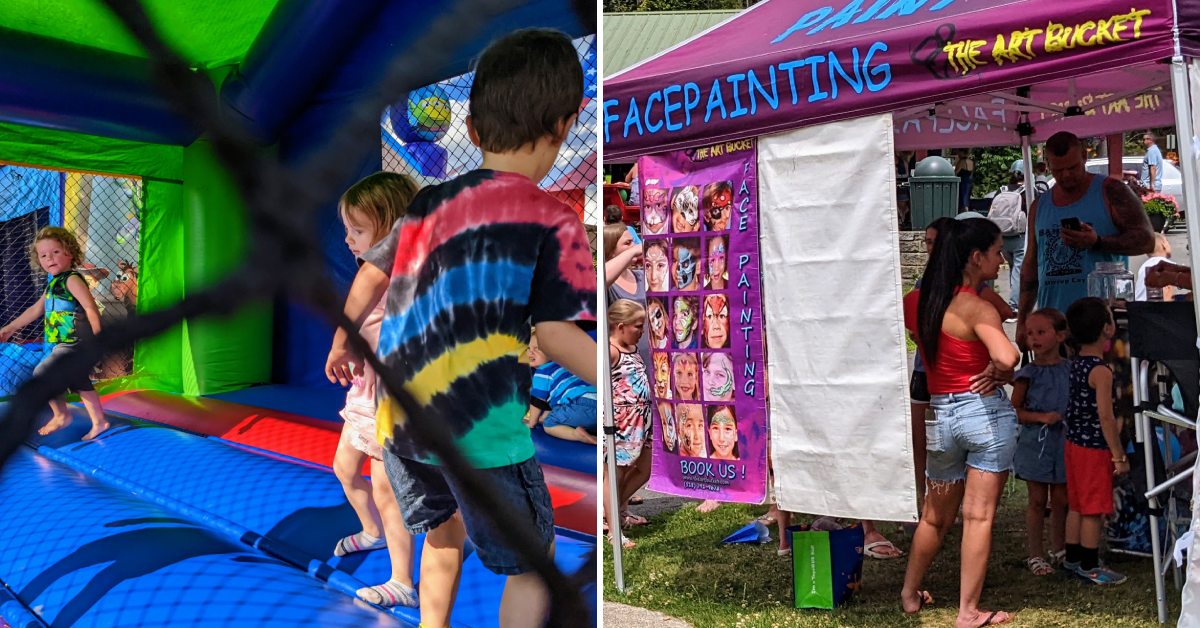 kids in bounce house on the left, face painting booth on the right