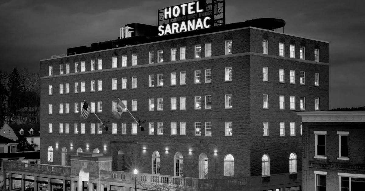 black and white photo of hotel saranac
