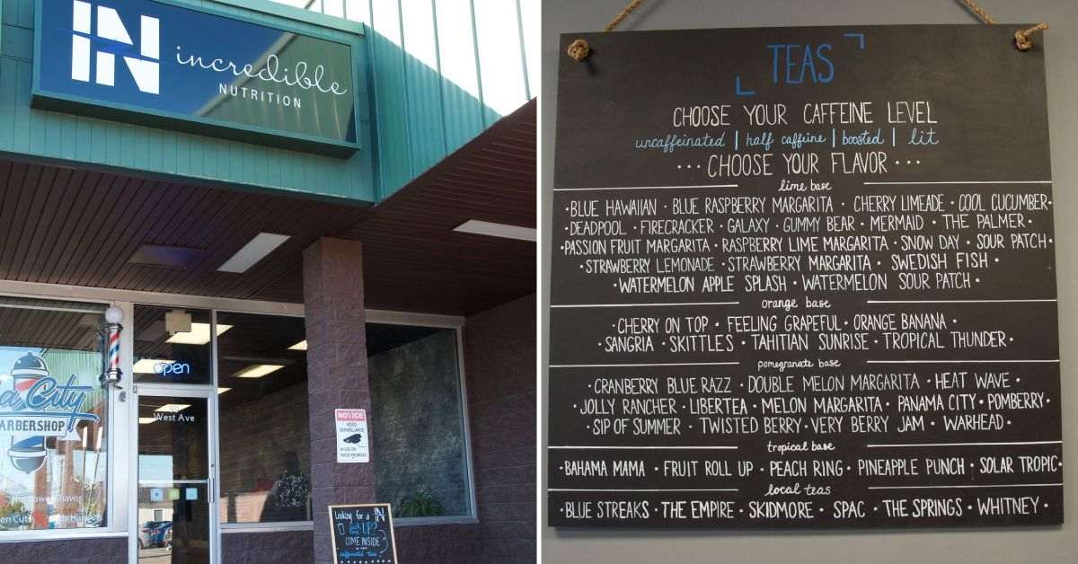 left image of incredible nutrition front; right image of tea sign menu