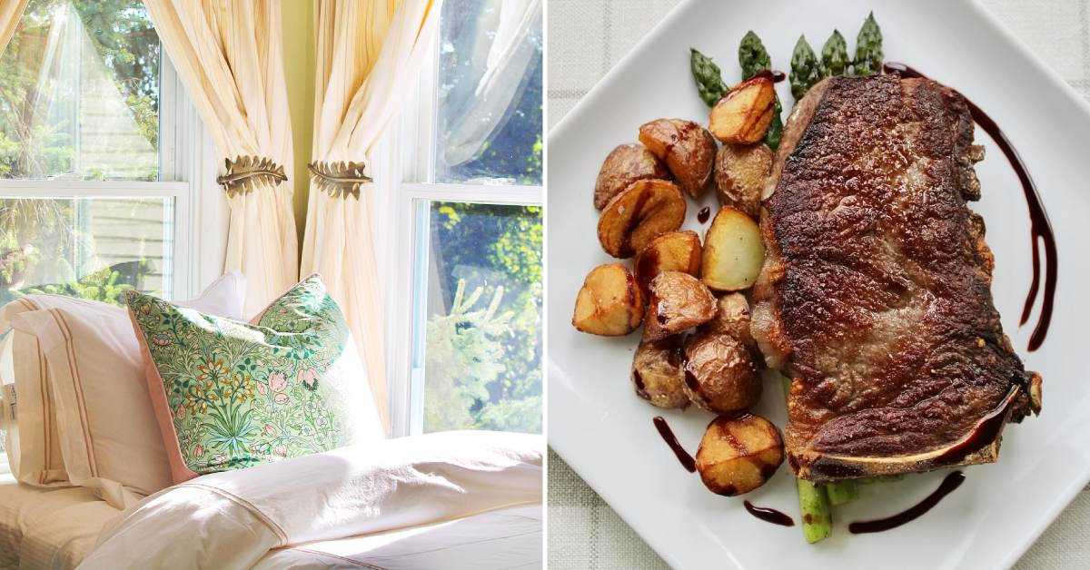 left image of a inn room; right image of steak and potatoes