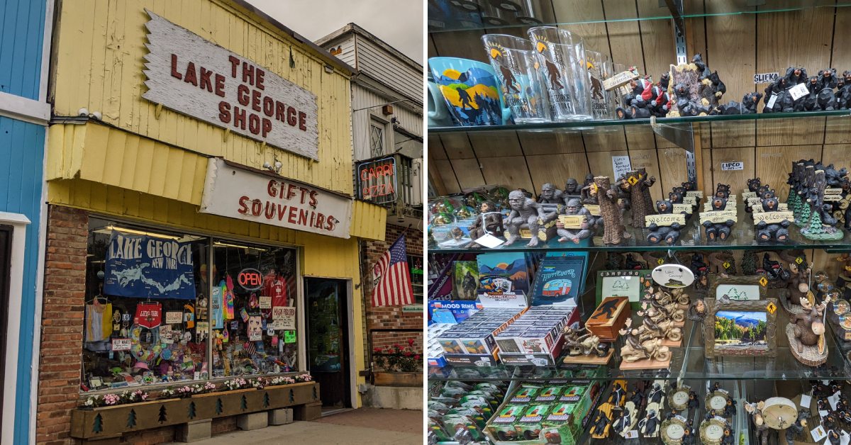 exterior of lake george shop in the village on the left, lake george kitschy trinkets on the right