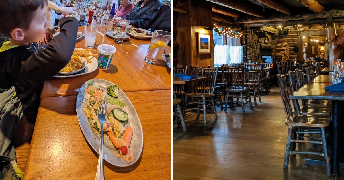 family eats on the left, dining area on the right at the log jam restaurant