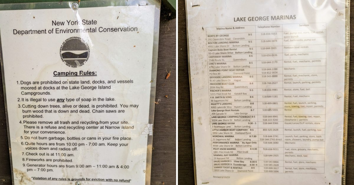 side by side documents on NYS DEC camping rules and lake george marinas with offerings and phone numbers