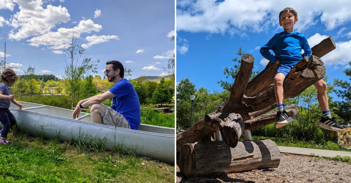 on left dad with kid in canoe in park, on the right kid poses on wooden climbing structure