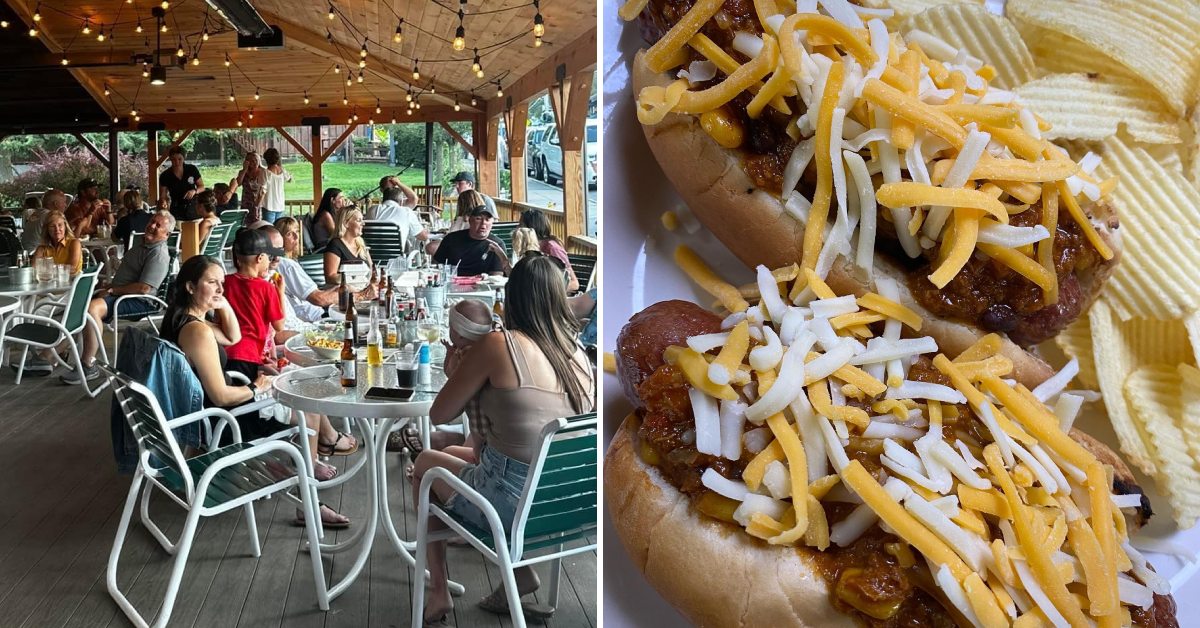 families dine on patio on the left, chili dogs with chips on the right