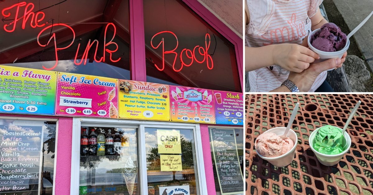 exterior and menus of pink roof on left, ice cream dishes on the right