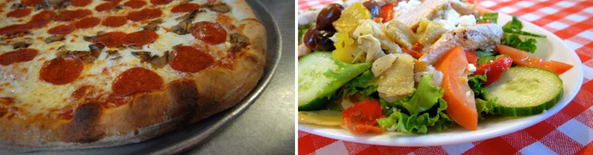 pepperoni and mushroom pizza on the left, salad on the right