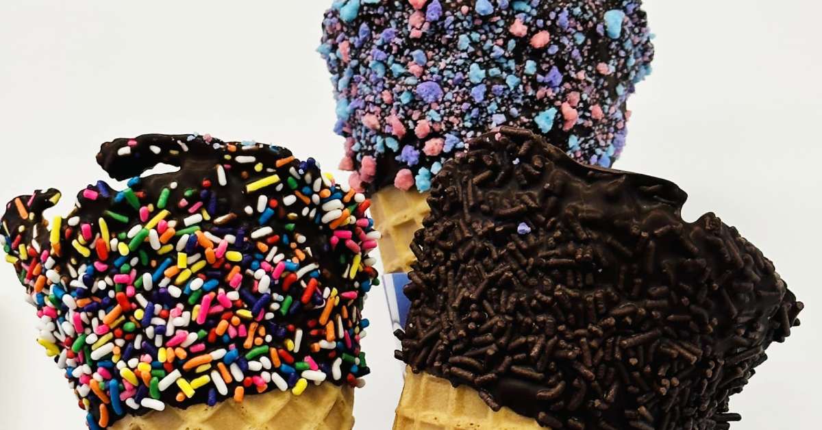 three assorted dipped waffle cones