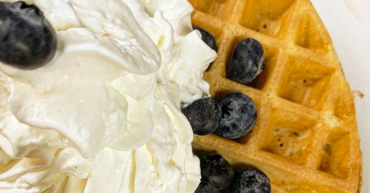 up close of waffle with blueberries and whipped cream