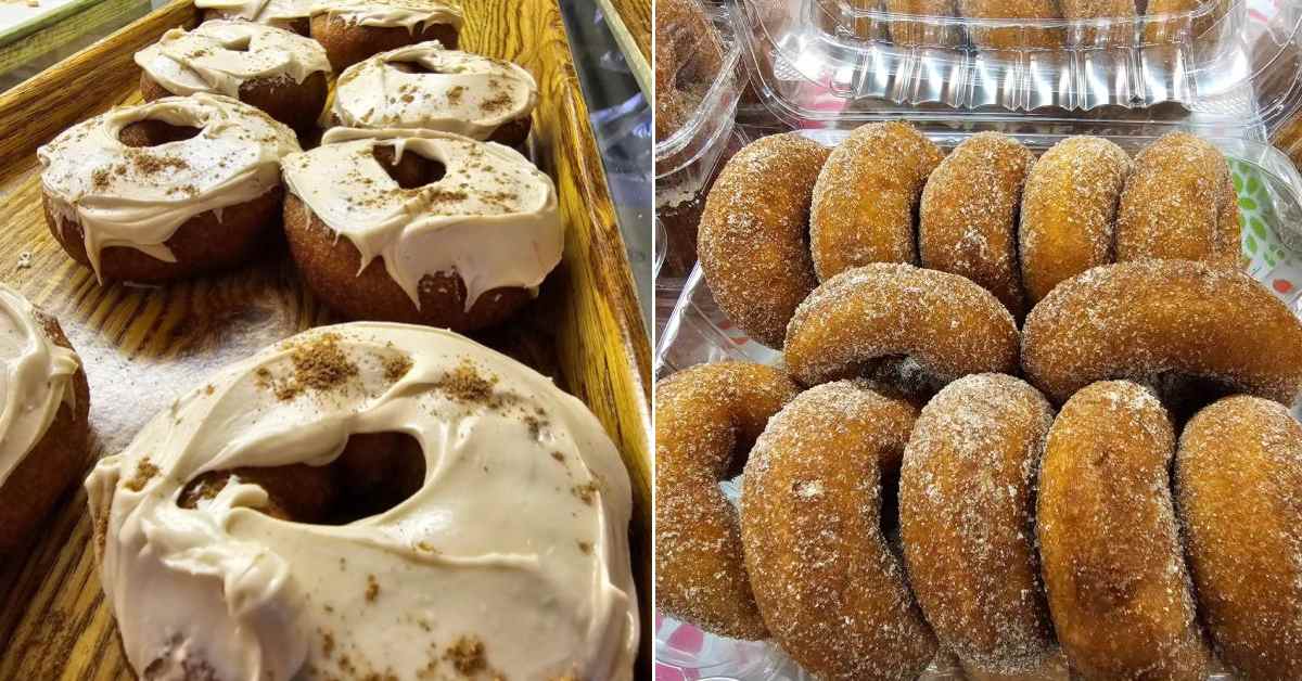 two pictures of cider donuts put side-by-side, one plain the other with frosting on it