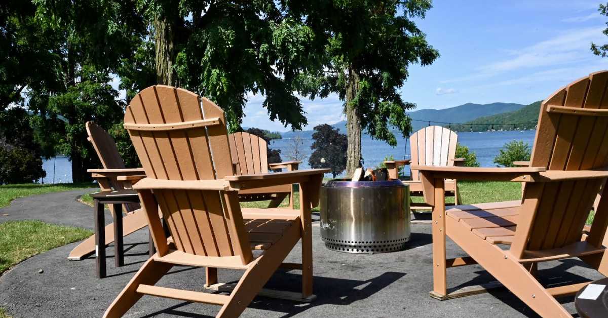 outdoor patio with Adirondack chairs