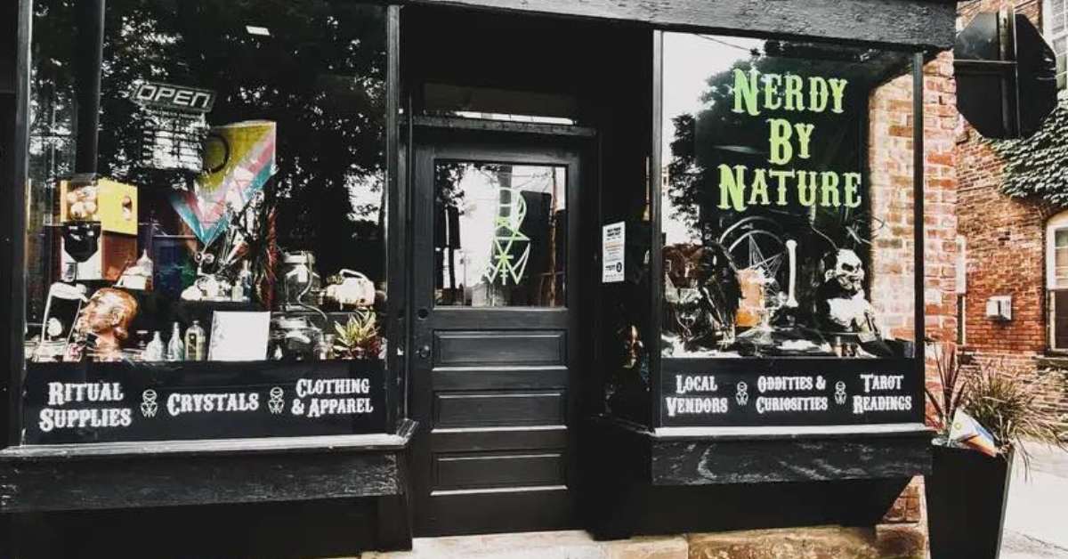 Black storefront labeled Nerdy By Nature with various window displays