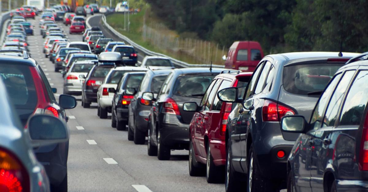 Line of cars stuck in traffic 