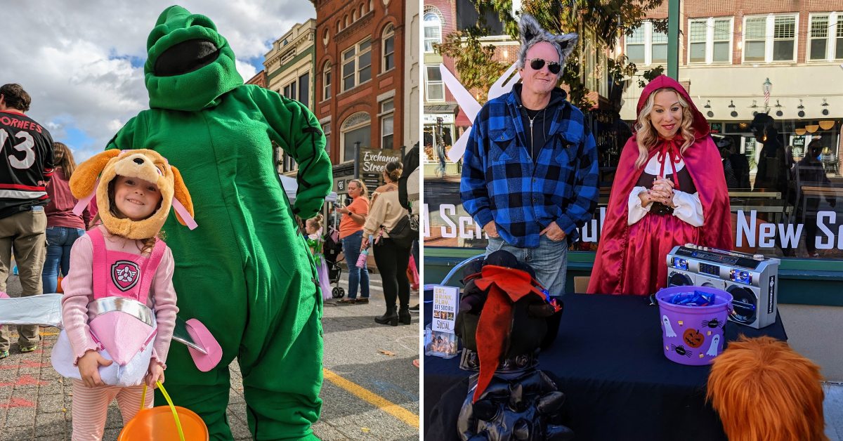 on the left, little girl dressed as skye from paw patrol poses with oogey boogey man, on the right little red riding hood and wolf hand out candy